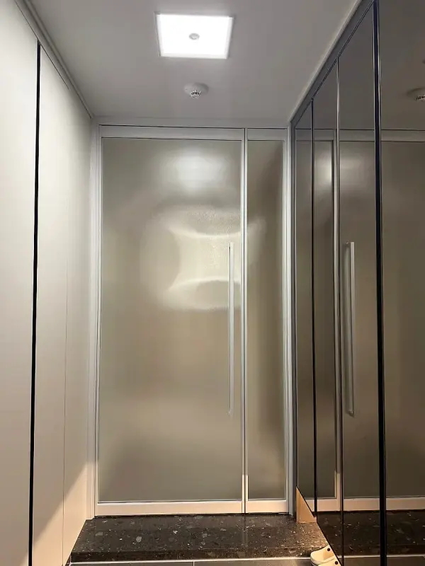 현관 쪽에서 본 닫힌 미스트유리 비대칭 스윙도어